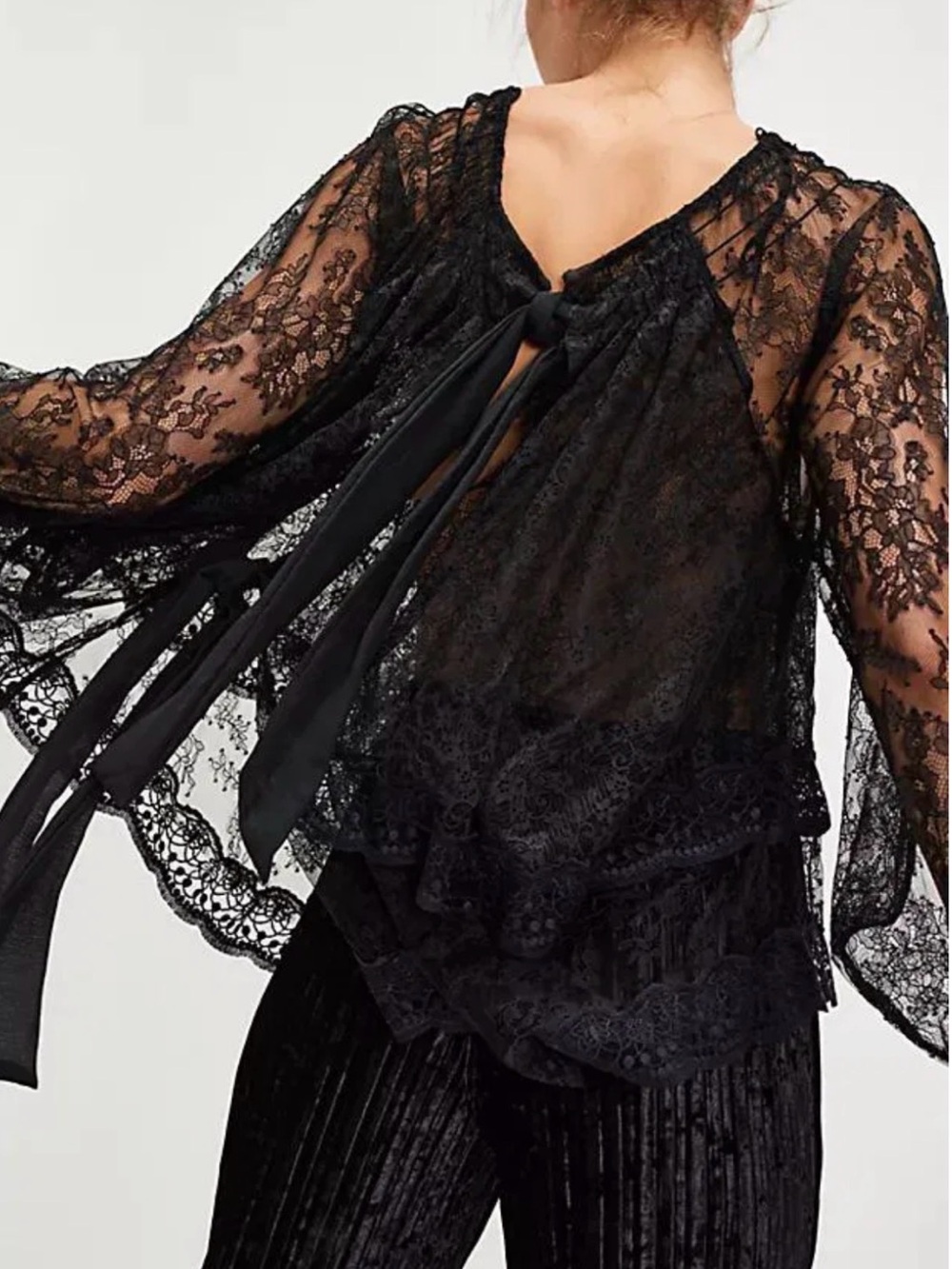 Free People Goldie Knit Top Black Lace Boho Sheer Tie Back NWT Small